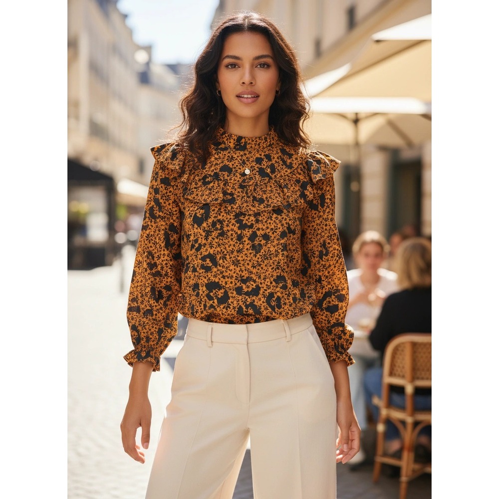 Topshop Blouse Women US 2 Orange Black Floral Ruffle High Neck Long Sleeve Boho